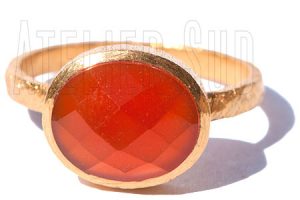 Handgemaakte goud op geborsteld Sterling zilveren ring met een facet geslepen Oranje Carneool edelsteen