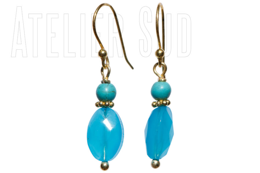 handgemaakte oorbel mauve aqua blauw chalcedoon turquoois